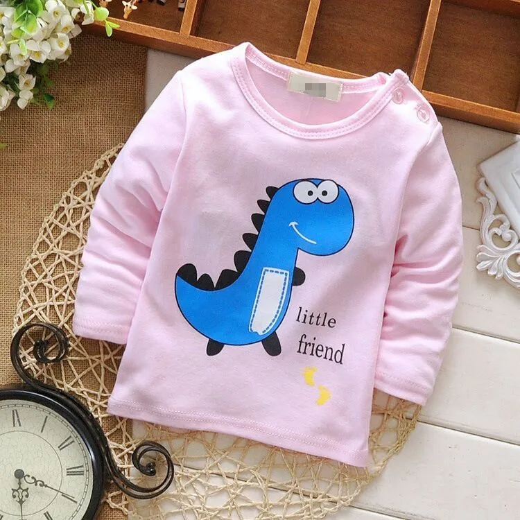 Baby Toddler Kids Cotton Lovely Character Print Boys Girls T-shirt Button on Shoulder O-neck Pink Tops G043
