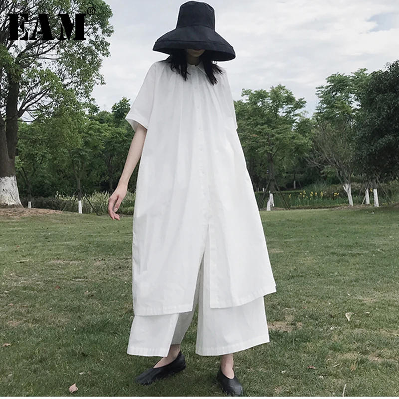 

[EAM] 2019 New Spring Summer Turn Down Collar Half Sleeve Button Brief Temperament Loose Big Size Dress Women Fashion JX239