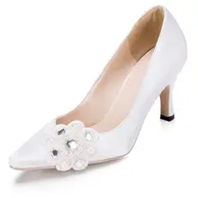 Pearls Rhineston font b Women b font Wedding Shoes High Heels White Ivory Lace Satin Bridal