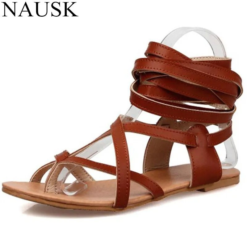 

NAUSK Genuine Leather Sandals Woman Summer Shoes Casual Flat Heels Ankle Strap Women Sandals Black Brown White Sandalia Size 43