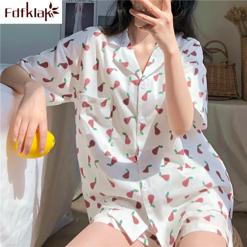 Fdfklak повседневное Домашняя одежда с принтом хлопковые пижамы для женщин короткий рукав летние пижамы комплект Студент Ночное pijama mujer