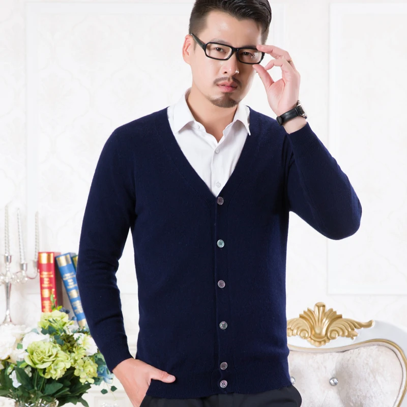 100% чистый кашемир вязаный свитер мужской Vneck кардиганы Высокое качество Новая