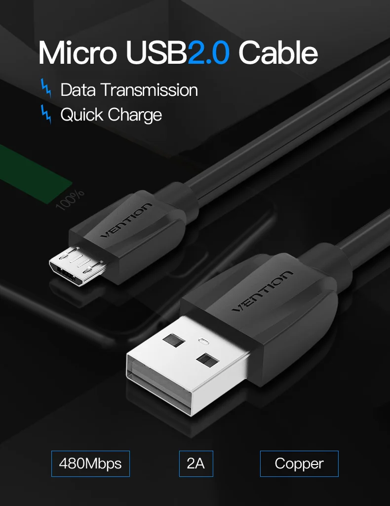 Vention Micro USB кабель 1 м 2 м 3 м 55v2a Быстрая зарядка кабель зарядного устройства микро-usb для samsung Xiaomi LG huawei Android Phone