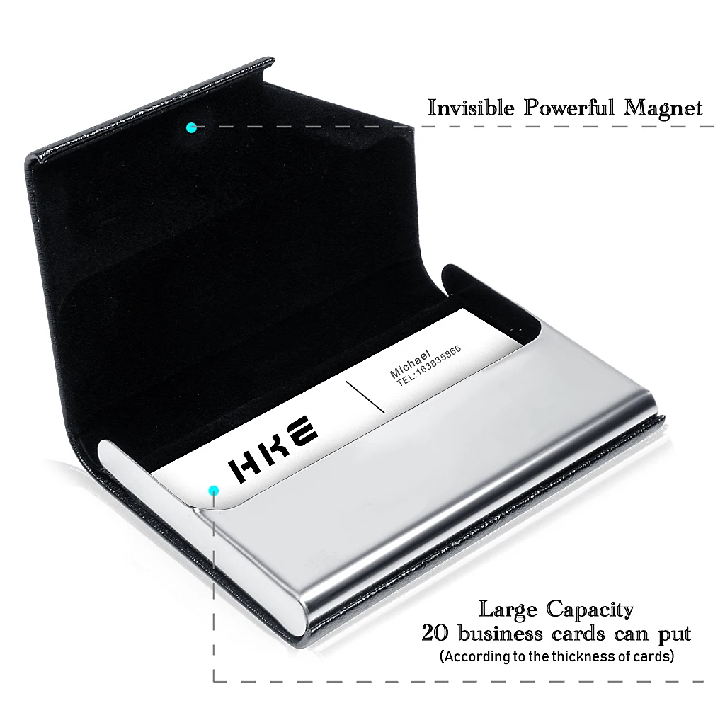 

Business Card Holders Stainless Steel And PU Leather Credit Card ID Card Name Card Organize Case For Men And Women-Black