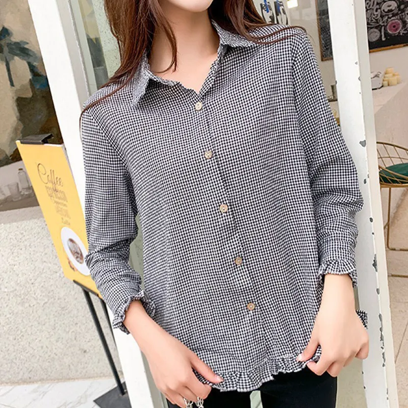 

Vintage Plaid Blouses Women Casual Loose Long Sleeve Blouse Shirt New Summer Fashion Ruffle Blouse Office Lady Tops