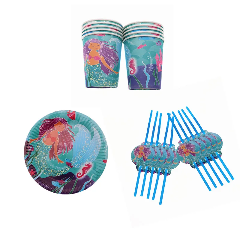 

30Pcs Cartoon Mermaid Birthday Party Decorations Kid Baby Shower Disposable Tableware Set Straw Cup Plate Party Supplies Green
