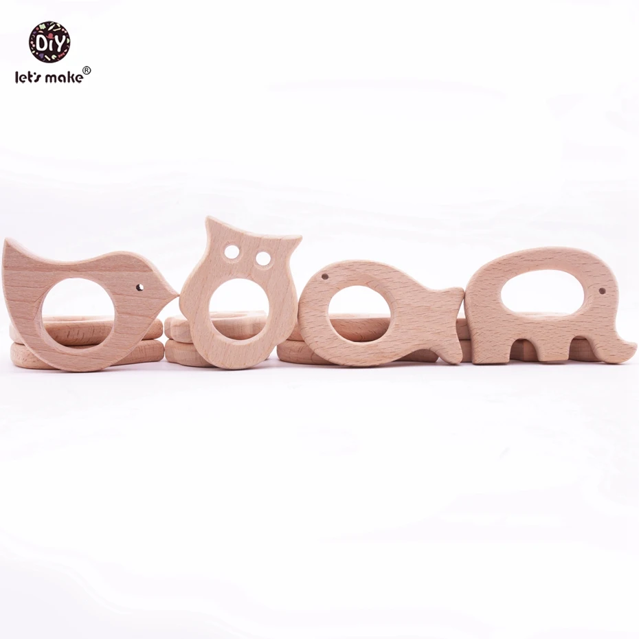 

Let's Make Set Of 4 Wooden Teethers Handmade Wooden Elephant Teether Fish Bird Owl Teethers Beech Wood Pendant