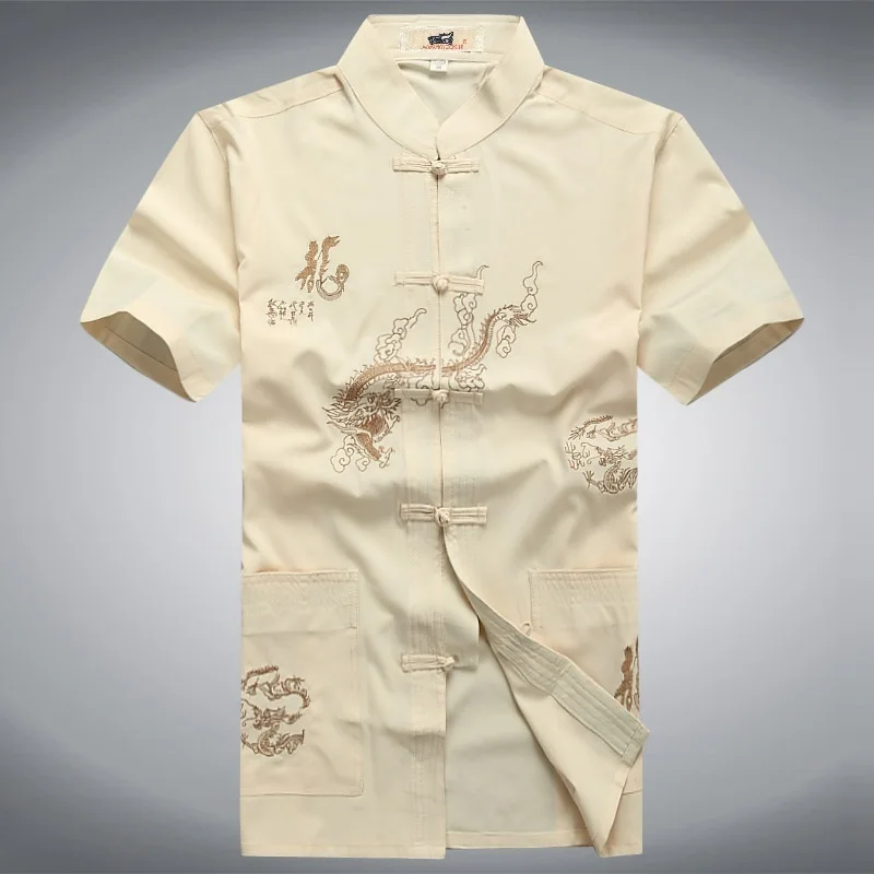 Летние шорты Рубашки для мальчиков Традиционный китайский мужские красный черный, белый цвет кунг-фу Боевые искусства форма рубашка Дракон топ с вышивкой - Цвет: Бежевый