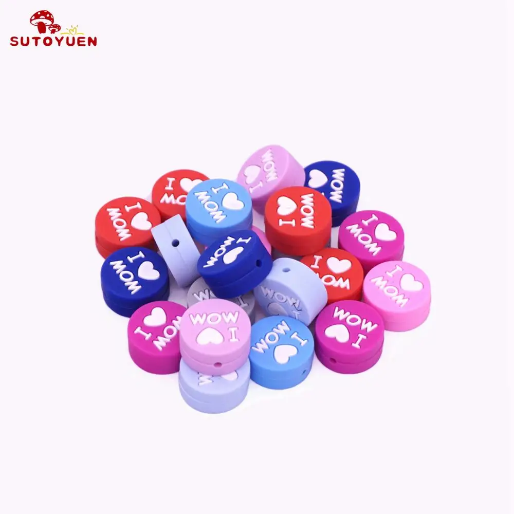

10pcs Silicone Beads 20mm Flat Round I Love Mom Teething Beads Necklace Food Grade Nursing Toys Accessories Gifts Baby Teether