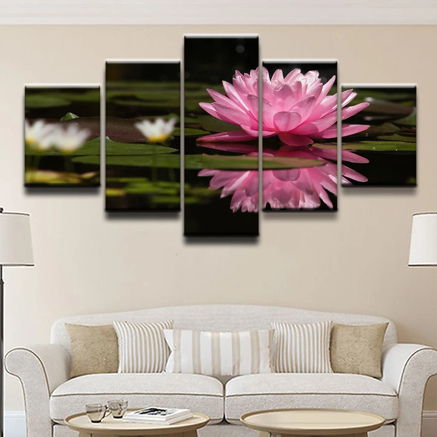 Холст HD печать плакатов Гостиная Wall Art 5 шт. цветок лилии розовый отражение