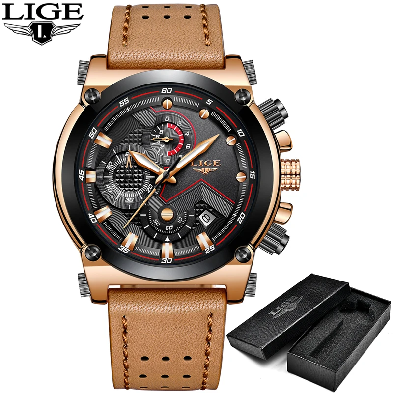 

LIGE Mens Watches Top Brand Luxury Casual Quartz Watch Men Leather Big Dial Military Waterproof Sport Wristwatch Relojes hombre