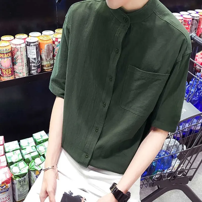 

Spring Summer Men's Shirts Linen Cotton Men's Casual Breathable Shirt Solid Stand Collar Loose Shirts Fashion Brand Shirts