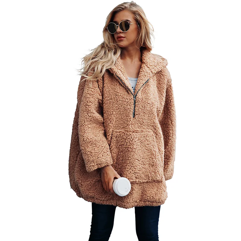 Autumn Winter Women Faux Fur Coat Hoodie Long Sleeve Thickened Loose