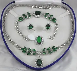 

Free shipping Fine jewelry green White gold Necklace Bracelet Earring Ring set (A0503)