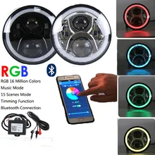 7″ LED Headlights Round RGB Halo Angel Eye with Bluetooth APP Control iPhone and Android Compatible for 1997~2016 Jeep Wrangler