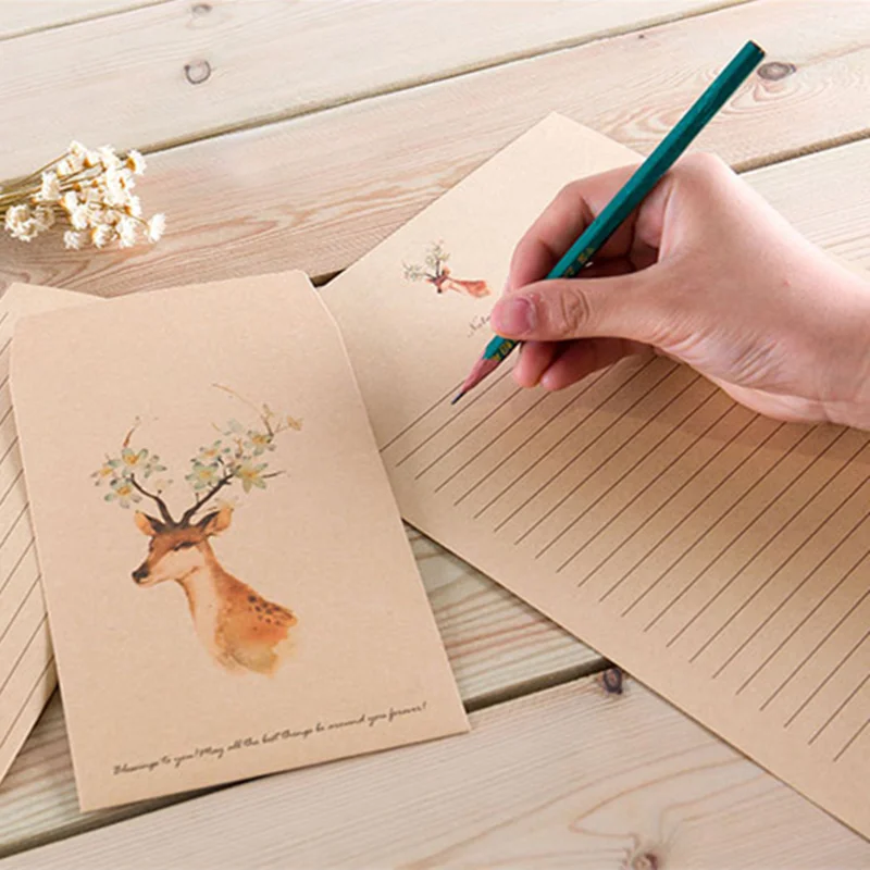 

5pcs Cute Deer Envelope Postcards Greeting Cards 10pcs Letter Paper Vintage European Lovely Style for Card Scrapbooking Letter