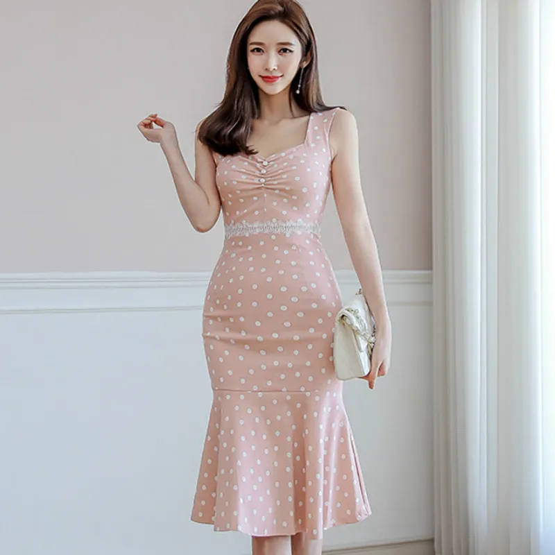 

2019 Summer Dot Print Cute Vestidos Sheath Bodycon Sleeveless Vest Knee-Length Sexy Fishtail Party Dress