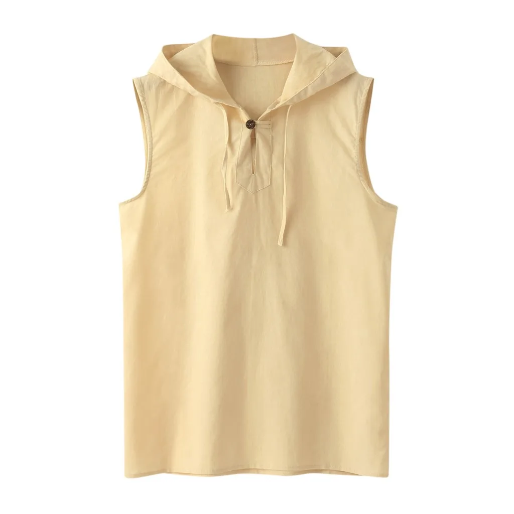 Men's Baggy Cotton Linen Solid Button Beach Sleeveless Hooded Shirt Tank Tops