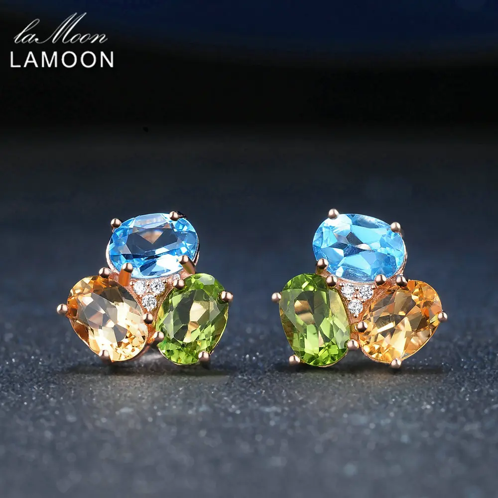 LAMOON 3pcs 3ct Oval Yellow Citrine Green Peridot Blue Topaz 925 sterling-silver-jewelry Earring S925 LMEI037