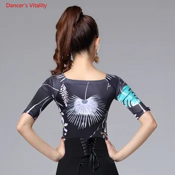

New Womem Latin Dance Tops Black Half Sleeves Ice Silk Print Clothes Lady Latin Ballroom Waltz Dancing Stage Practice Clothes