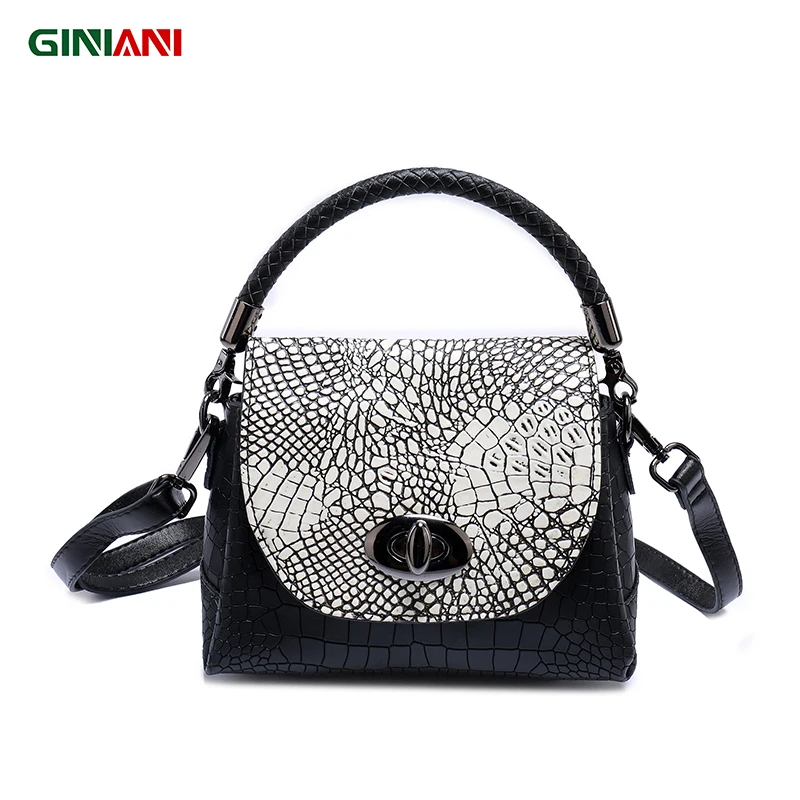 

GINIANI Genuine Real Leather Alligator Revolving Button Cute Trapeze Handbag Tungsten Steel Hardware Little Crossbody Bags