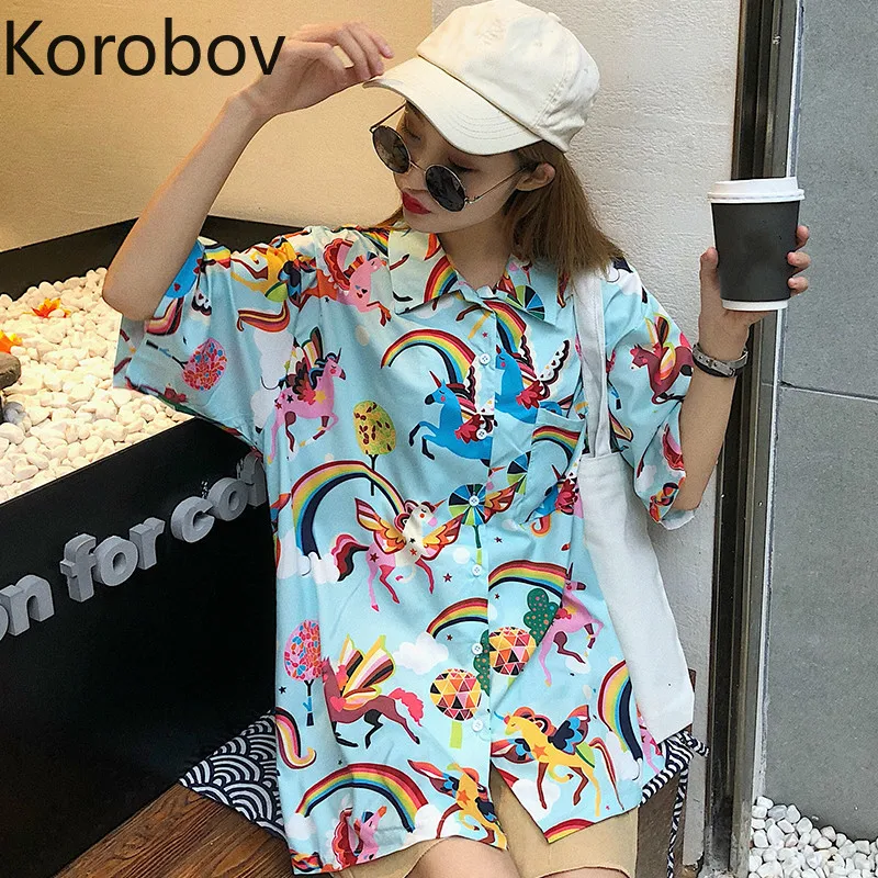 

Korobov Korean Harajuku Cartoon Print Women Blouse Vintage Short Sleeve Streetwear Shirts Ulzzang Kawaii Blusas Mujer Tops 77962