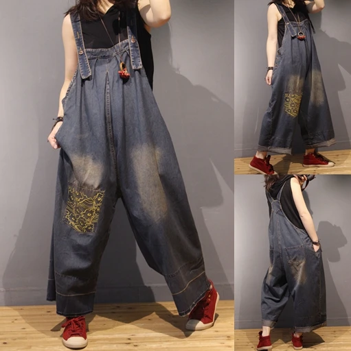 

Spring Summer Women Europe Style Casual Loose Plus Size Vintage Embroidery Suspender Strap All-match Pants Denim Overalls