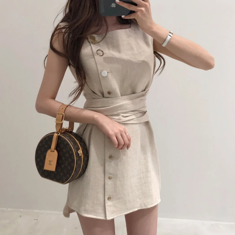 

Vintage button women dress O neck sleeveless cotton linen short summer A-Line Mini dresses Casual korean vestidos 2019 festa