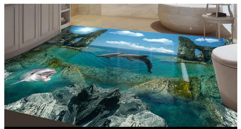 

Custom photo Waterproof floor wallpaper sea bathroom 3d mural PVC wallpaper self-adhesion floor wallpaer