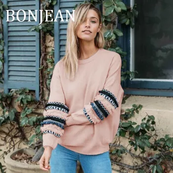 

BONJEAN 2019 Autumn Tops Patchwork Pullovers and Sweatshirts Fashion Women's Clothing Long Sleeve Pink Sweatshirts BJ1379