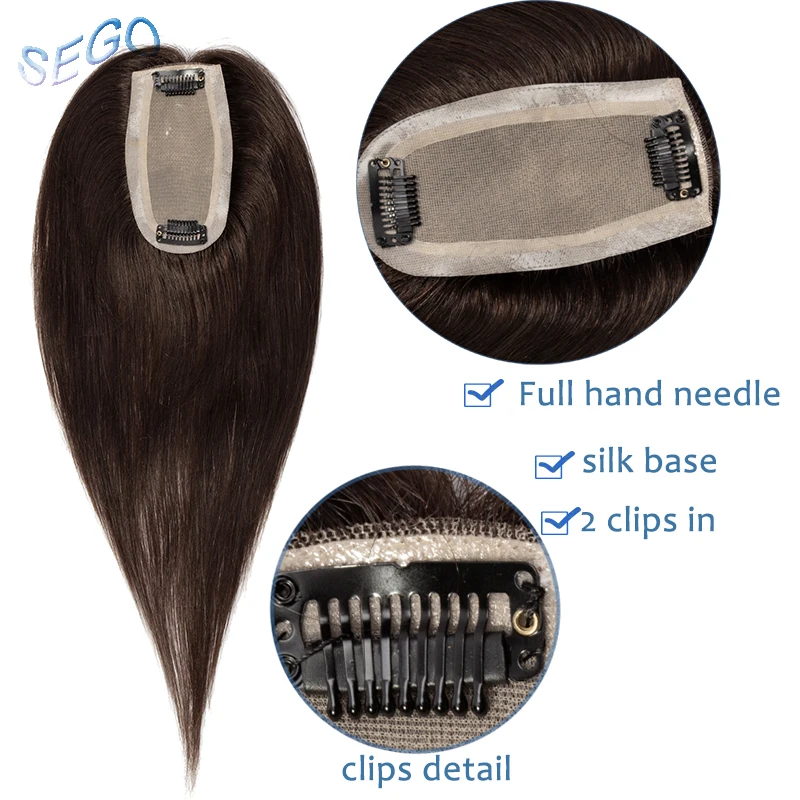 SEGO 12 inches Straight Silk Base Hair Topper Toupee For Women Natural Color Hair Piece Clip In Hair Extensions Non-Remy hair30G