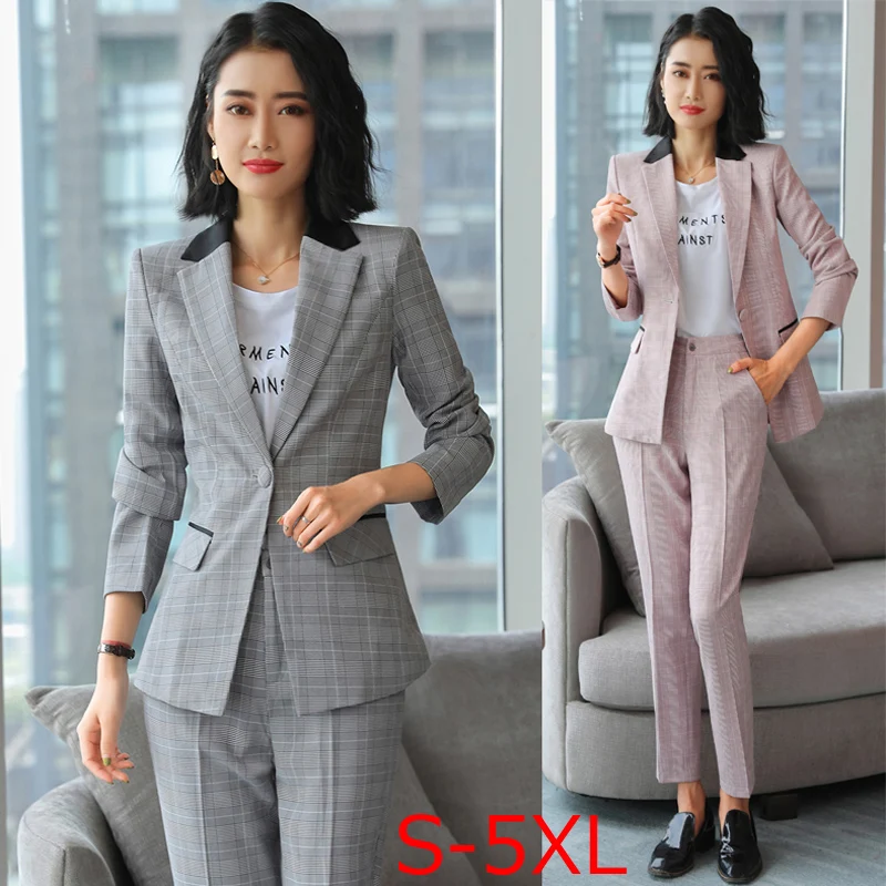 Large Size XXXXXL pants suits elegant woman Plaid 2 piece Set Formal Ladies Business Work Wear Jacket with Trousers Sets