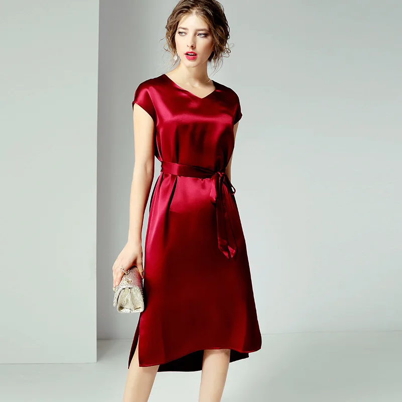 

100% silk dress new 2019 summer office lady work dress sleeveless O neck solid women OL A line dress