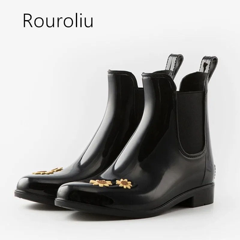 

Rouroliu Women Appliques Rain Boots Female Autumn Non-Slip Ankle Water Shoes Wellies Elastic band Black Rainboots Woman RB152