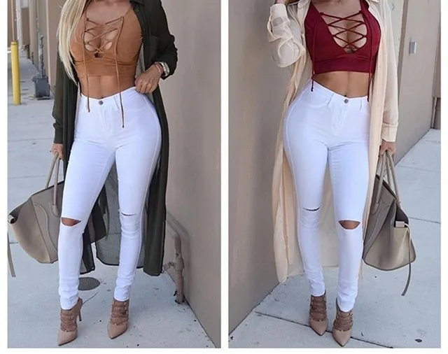 

2019 Mom Jeans In 2019, Exploded Large-sized, Slender, Knee-piercing, Elastic Calf Jeans For Women Europe And The United States