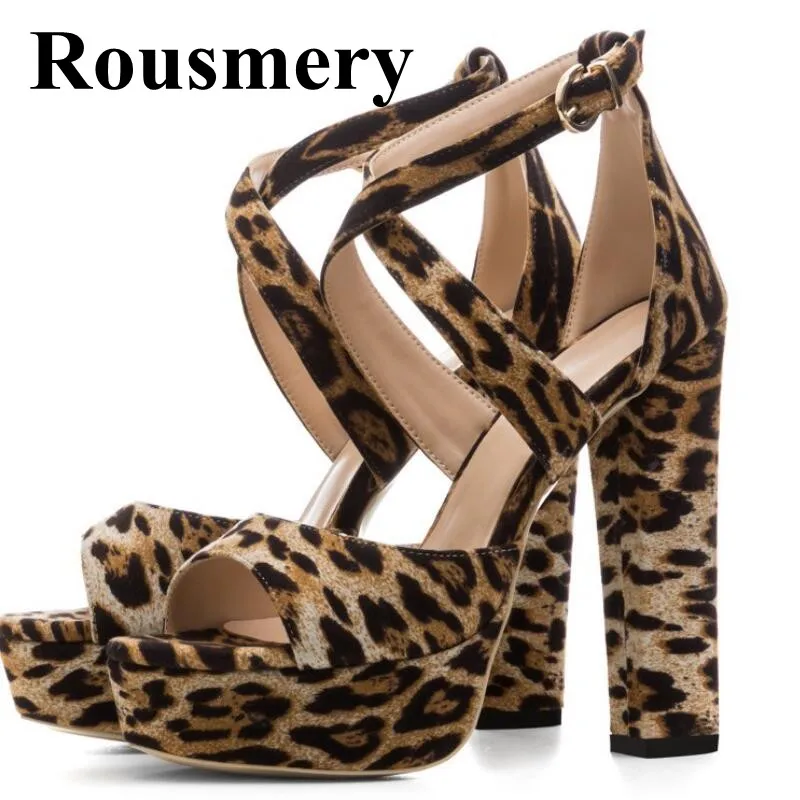 

2018 Top Fashion Sexy Leopard Square Heel High Heel Open Toe Cover Heel 3.5cm Platform Buckle Strap Summer Hottest Women Sandals