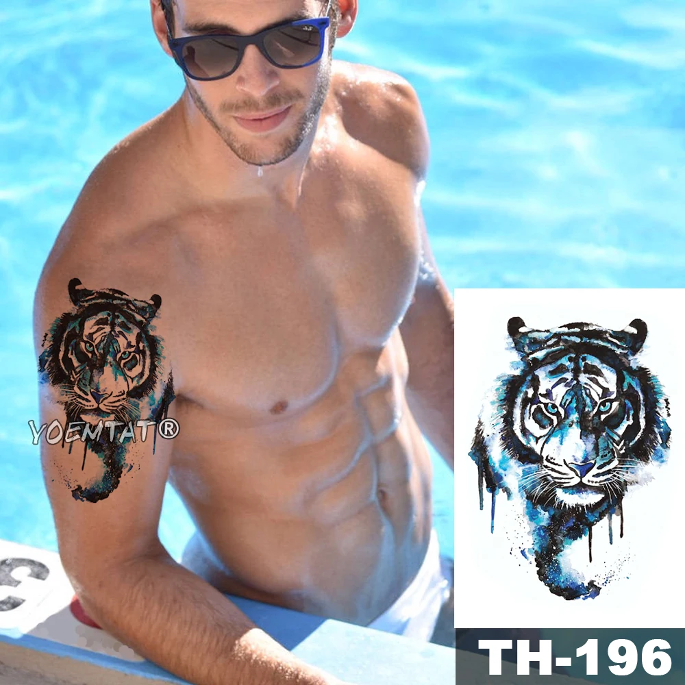 Водостойкая временная татуировка наклейка темно-синяя акварель Тигр Узор Животные Вода Передача блестящие для боди-арта поддельные