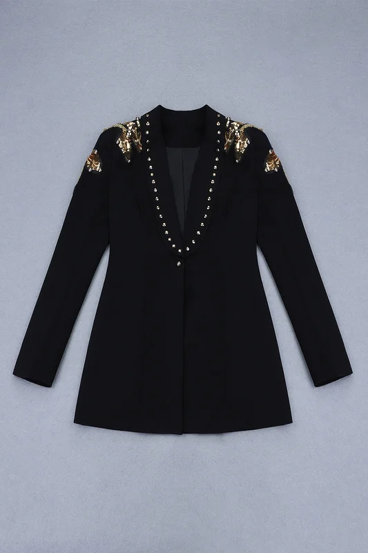 Promo Top Quality Black Fashion Women Beading Coat Celebrity Slim Jacket