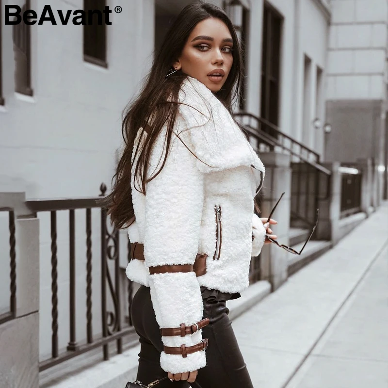 

BeAvant Turndown collar teddy jacket coat women Streetwear casual white faux fur coat Zipper sash outerwear winter jacket 2018