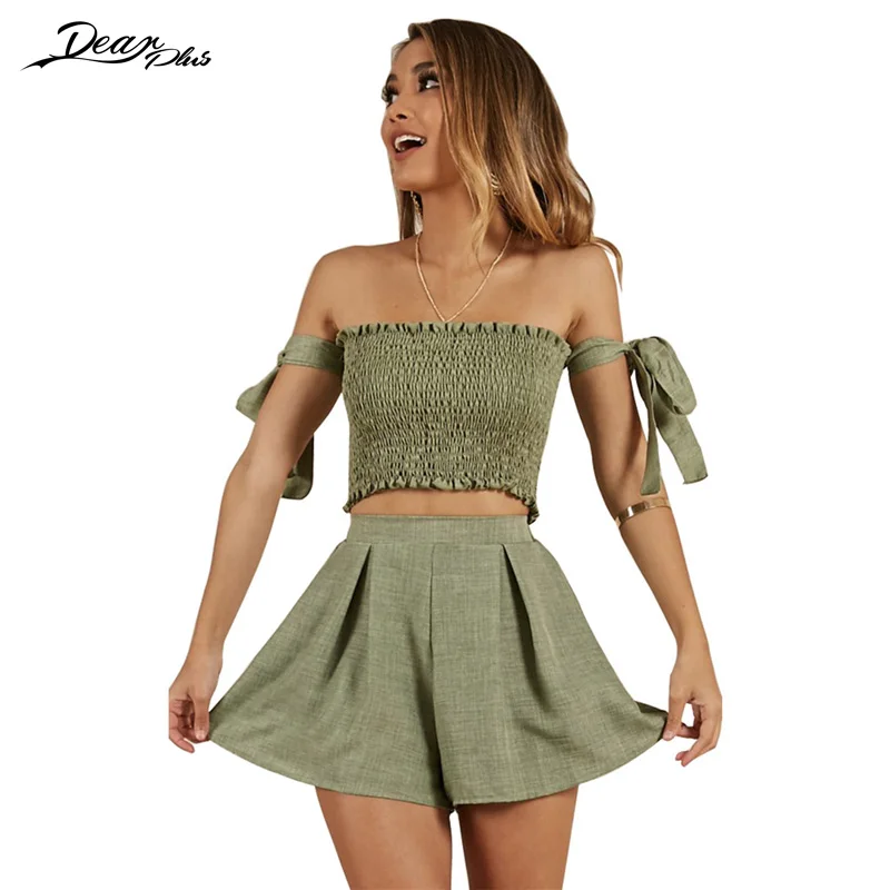 

Women Sexy Strapless Stretch Crop Top and High Waist Shorts Skirts Suit Fashion Bow Knot Slim Casual Shorts 2 Piece Set
