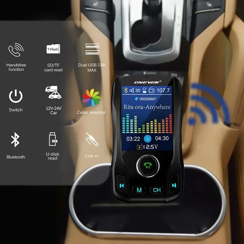 Onever fm-передатчик беспроводной Bluetooth громкой связи цветной экран Автомобильный комплект 360 Вращающийся Автомобильный MP3 аудио с 5 В 2.1A двойной USB зарядкой