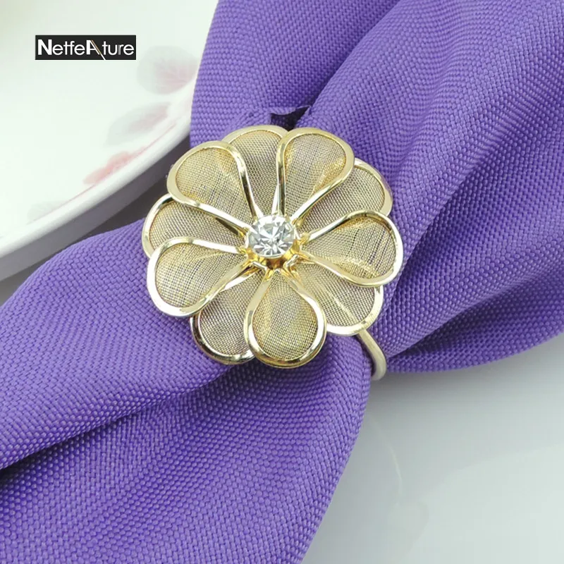

Free Shipping 12Pcs/Lot Mesh Flower Shape Serviette Holder Napkin Rings For Wedding Banquet Hotel Table Decoration Supplies Hot