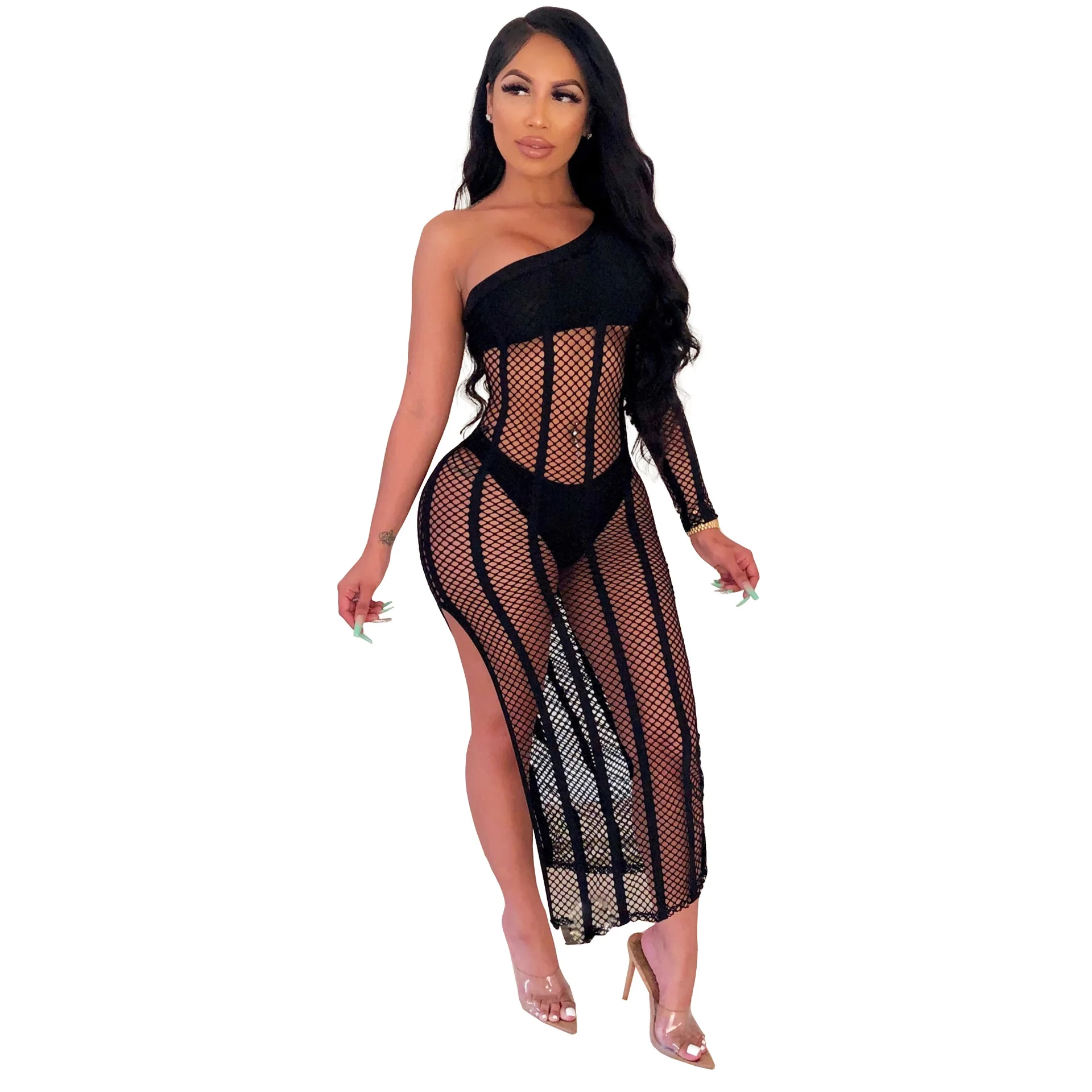

Sensual one shoulder transparent sleeveless club suits hollow out mesh split dress mesh holes 3 pieces summer dress S-XXL