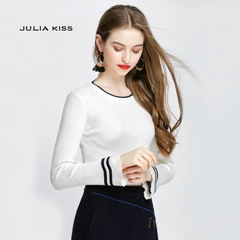 

Women O Neck Contrast Striped Rib Knit Pullovers with Flare Sleeve Vintage Knit Tops