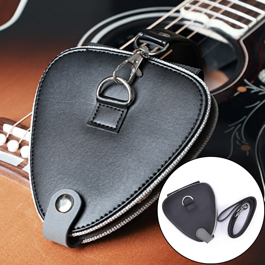 13x12cm Black Guitar Picks Case Coin Purse Black Faux Leather Key Chain