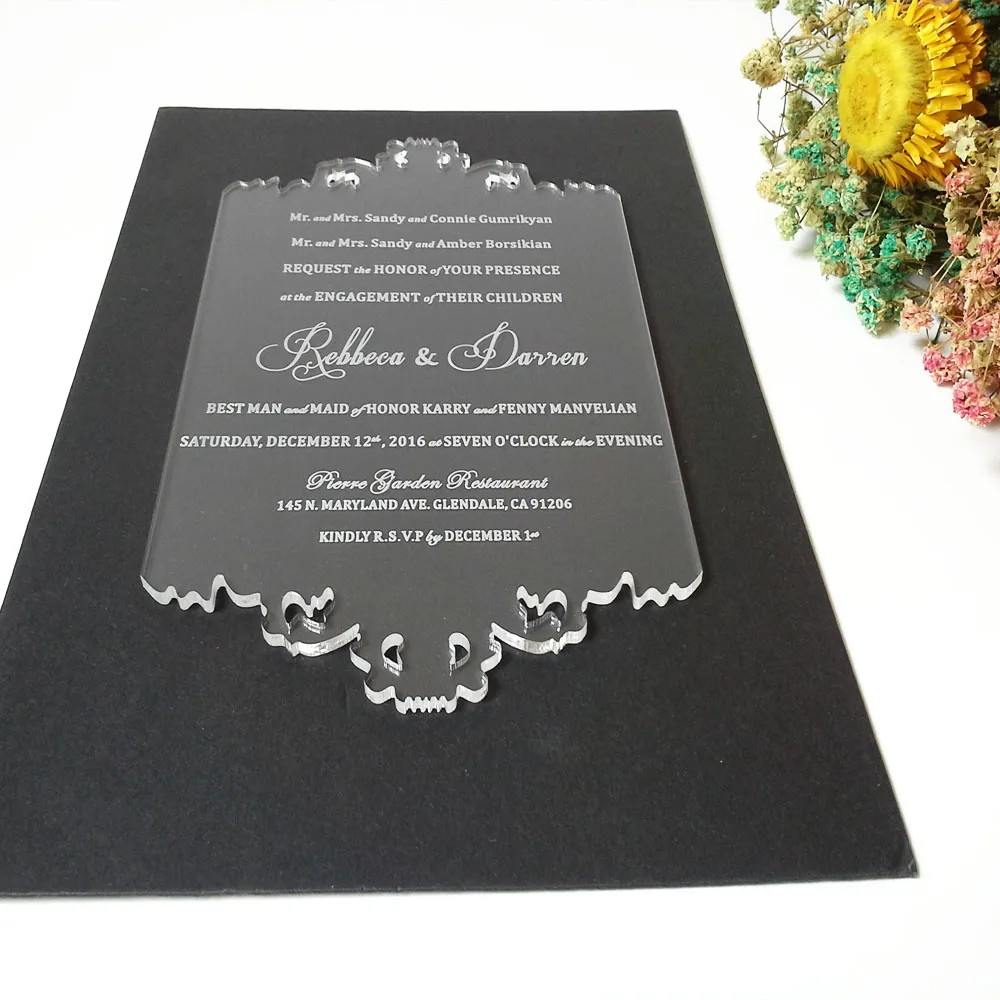  Customized 110*180mm laser engraved letters Hollow pattern clear acrylic wedding invitation card (1 - 32763446919
