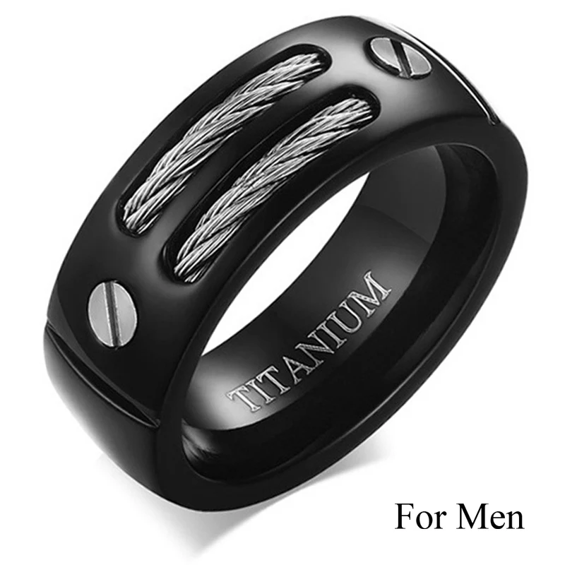 Мужское кольцо с титановыми стальными кабелями, инкрустация и женское черное золото, принцесса, CZ, обручальное кольцо, свадебные кольца, набор ювелирных изделий - Цвет основного камня: Mens Ring