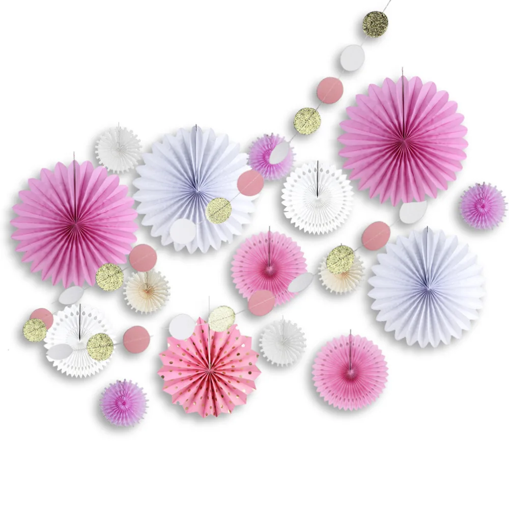 17pcs Pink&White Paper Decoration Set Glitter Circ...