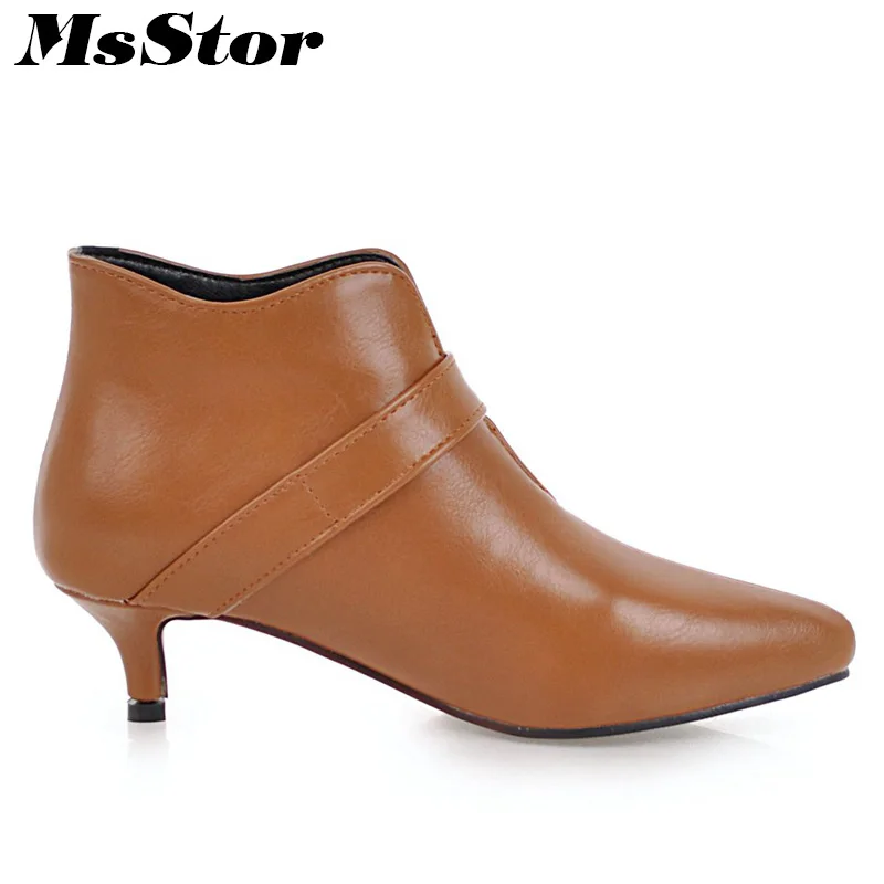 MsStor Women Boots Pointed Toe Med Heel Ankle Boots Women Shoes Metal Buckle Boot Shoes Thin Heels Short Plush Boots For Girl Women's Shoes