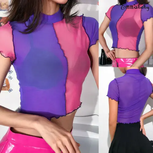 

Stylish Hot Sale Women See-through Short Sleeve Hit-color Chiffon Slim Short T-shirt Tops Lady Summer Daily Casual Clothing S-L